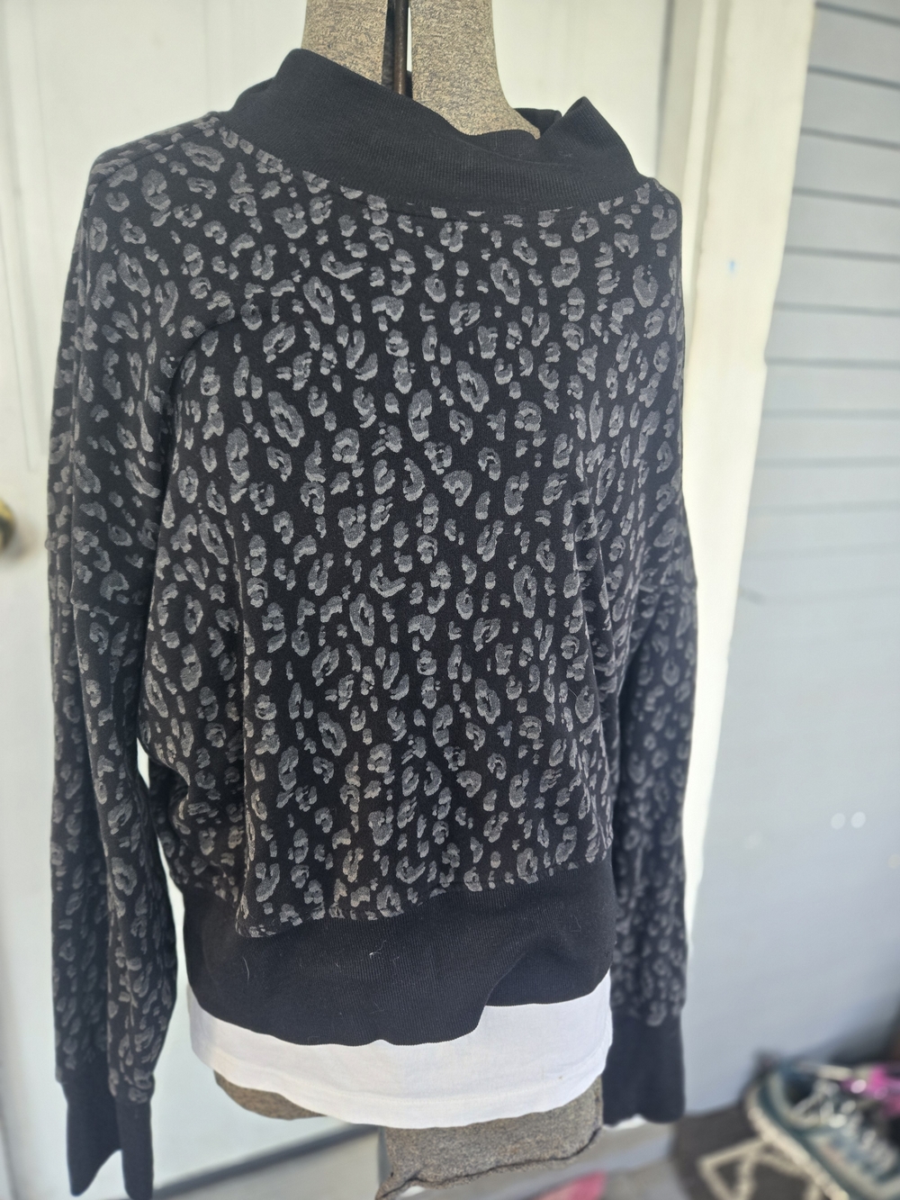 Old Navy Black and Gray Leopard Print Cowl Neck Sweater